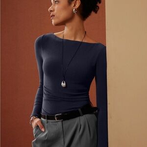 OGL Navy Long Sleeve Side Ruched Boatneck Top